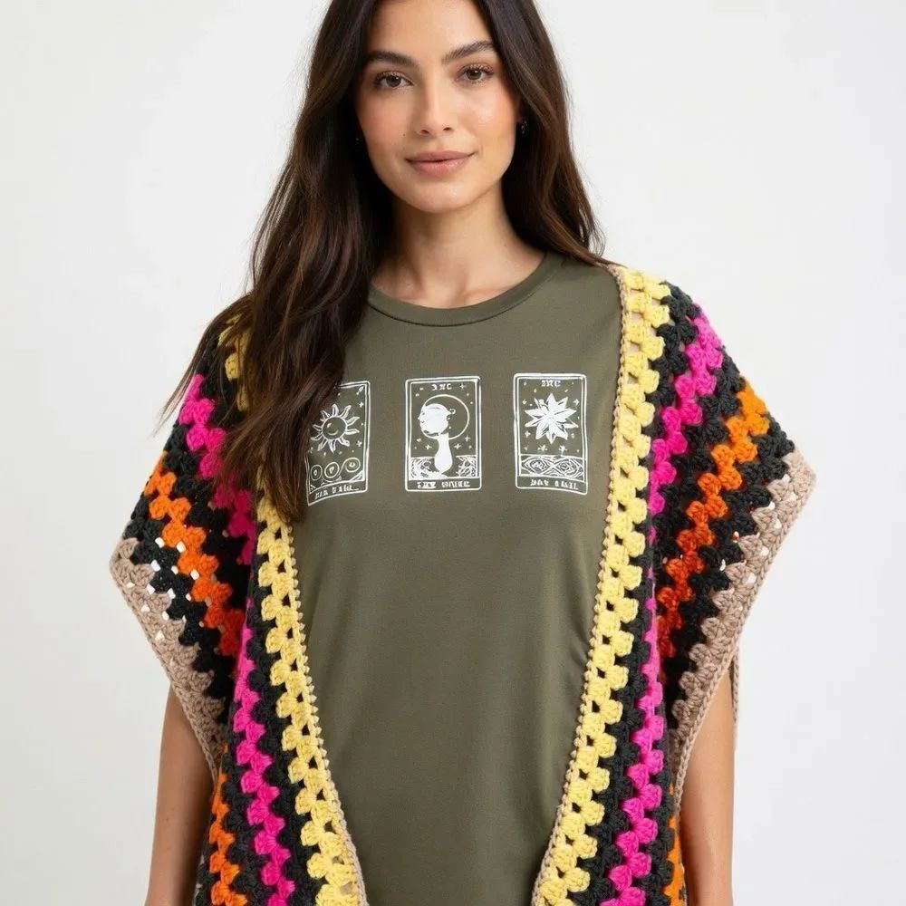 Upcycled Poncho Graphic Tee Crochet Trim Top  27” x 22”